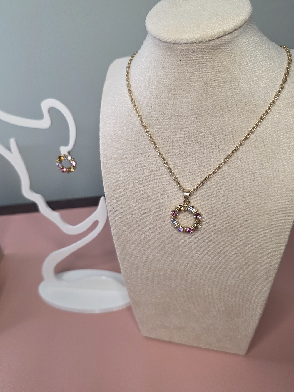 Plunder Gold-Tone Circle Pendant Necklace with Pink and Clear Crystals